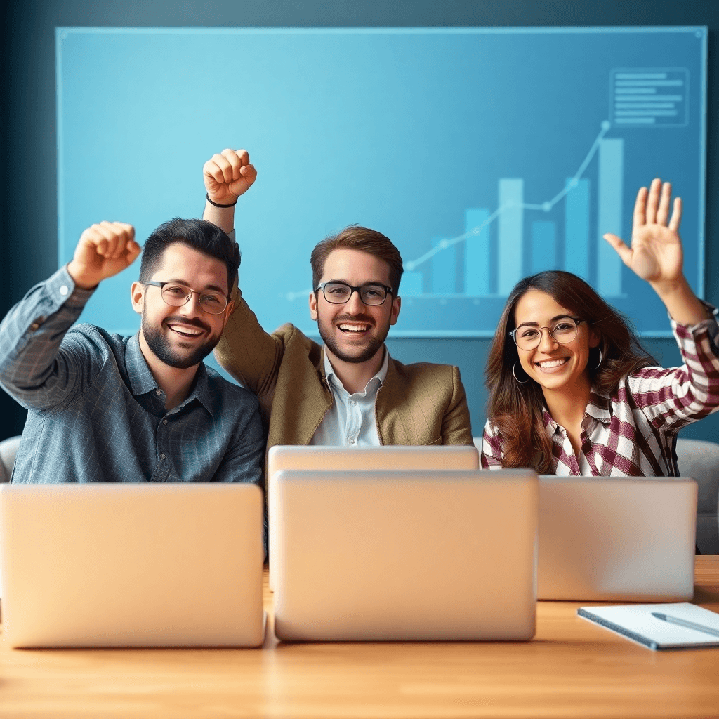 happy business team celebrating success with laptops and charts showing growth metrics
