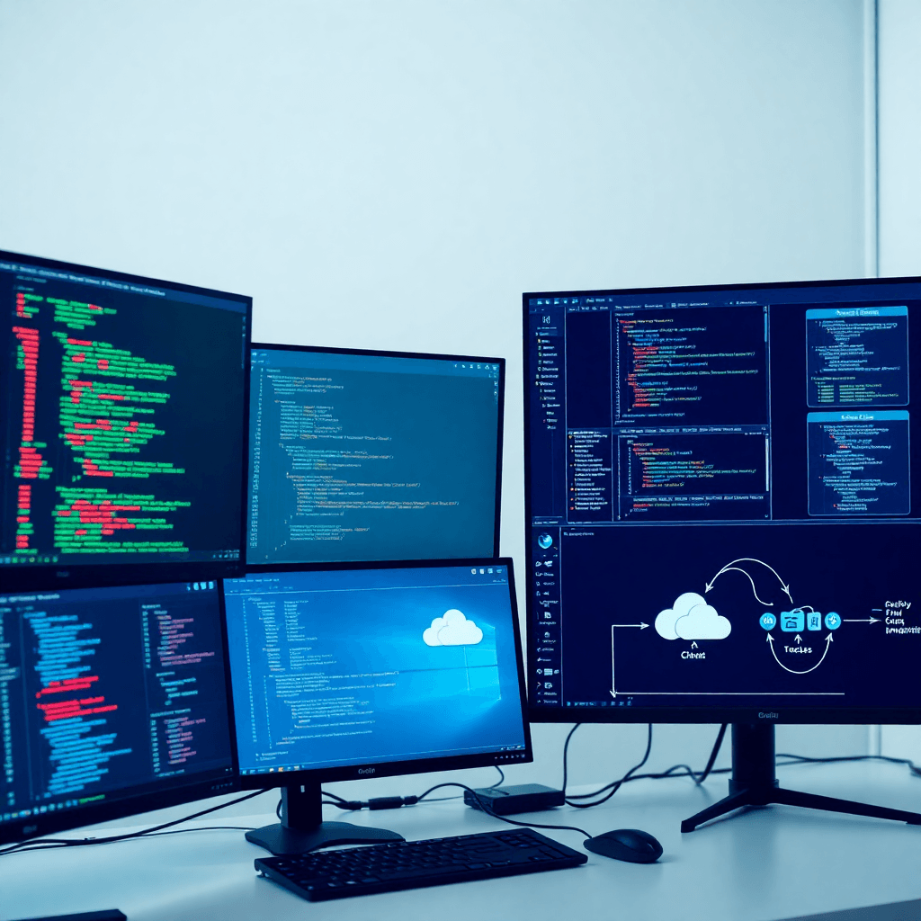 modern development environment with multiple monitors showing code, databases, and cloud infrastructure diagrams