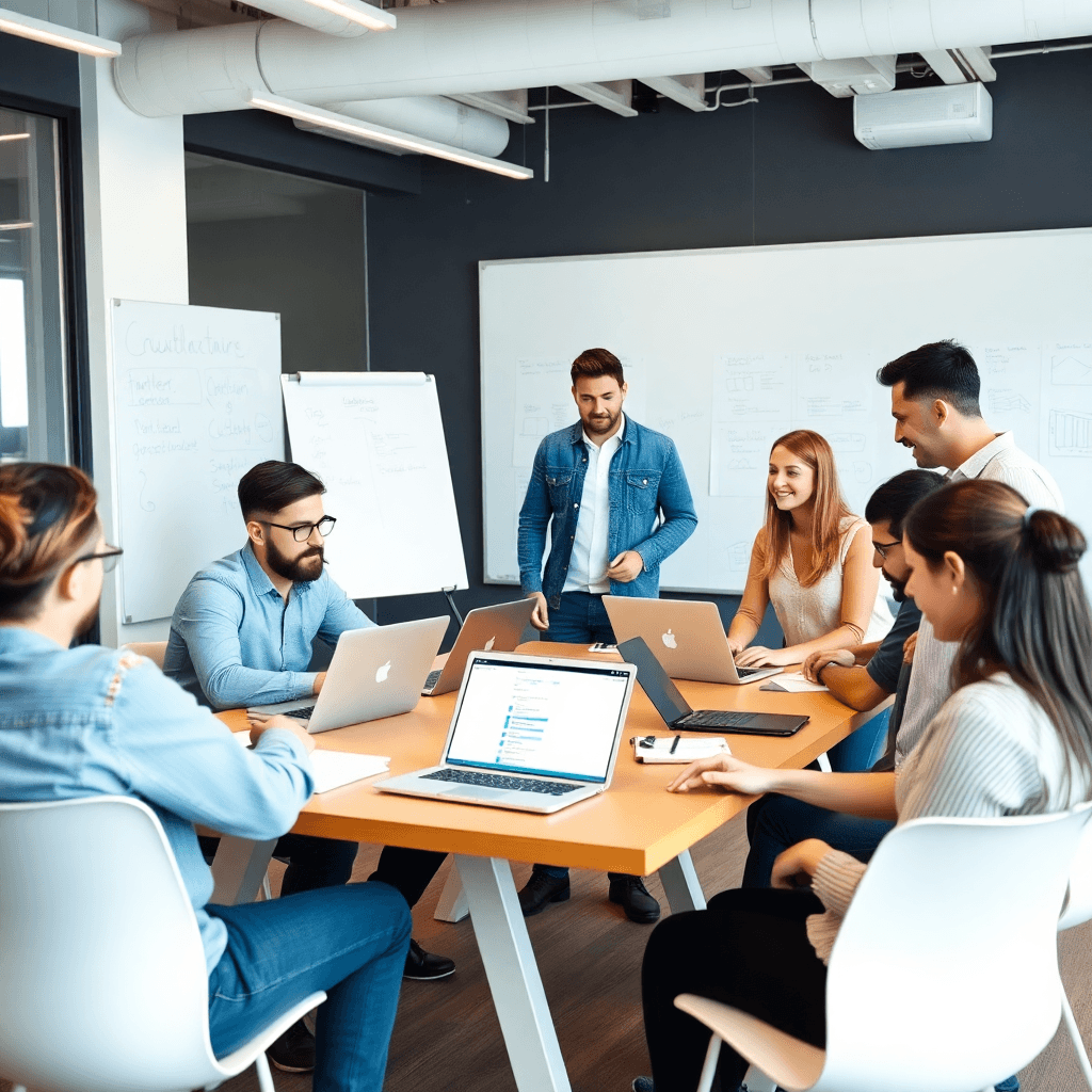 diverse software development team collaborating in modern office with whiteboards, laptops, and friendly atmosphere