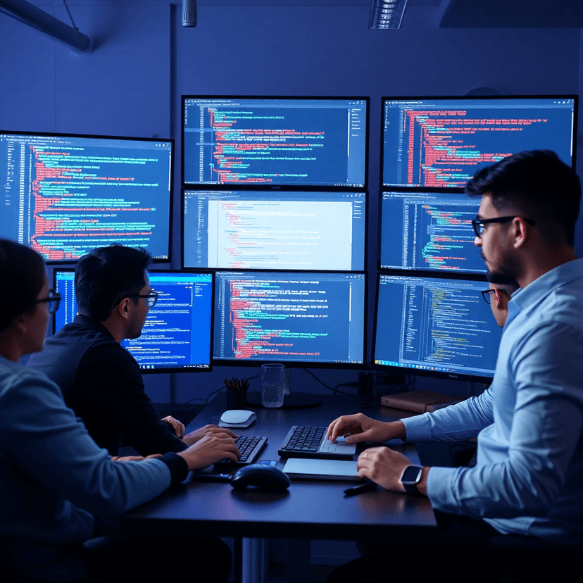 modern software development team working on multiple screens with code, UI designs, and project management tools